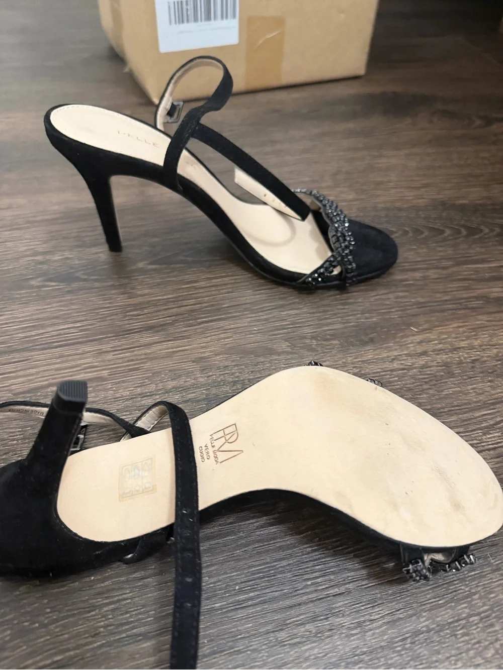 Pelle Moda Black Beaded Ankle-Strap Heels